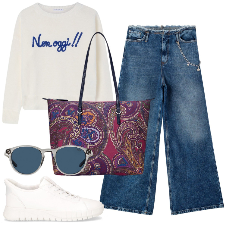 Outfit donna - Datemi una tregua. Stile Sporty chic per Tutti i giorni. Abbinamento con maglieria, jeans dritti, occhiali da sole, borse tote, sneakers.
