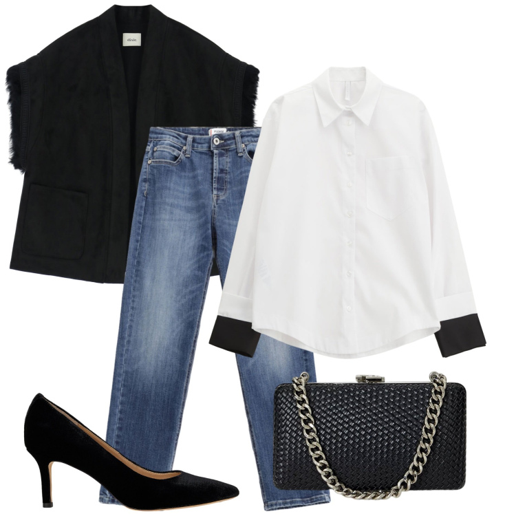 Outfit donna - Donna in carriera. Stile Trendy per Ufficio. Abbinamento con jeans, camicie, gilet, clutch, décolleté.