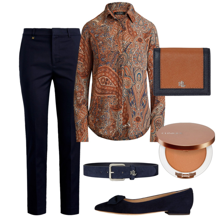 Outfit donna - Stile Lauren. Stile Casual chic per Tutti i giorni. Abbinamento con terre, pantaloni, portafogli, ballerine, cinture, camicie.