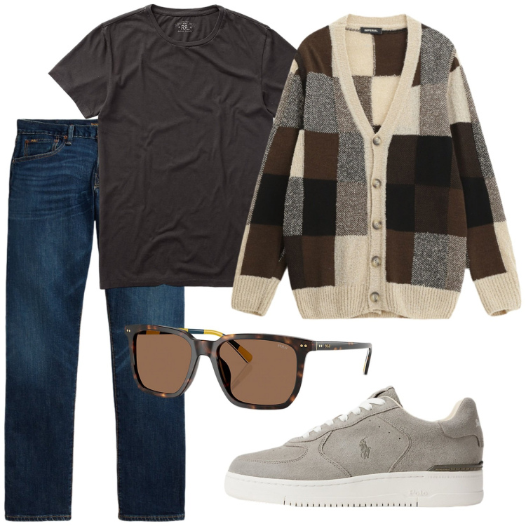 Outfit uomo - Total look #2262868. Stile Casual per Tutti i giorni. Abbinamento con cardigans, t-shirt, occhiali da sole, sneakers, jeans dritti.