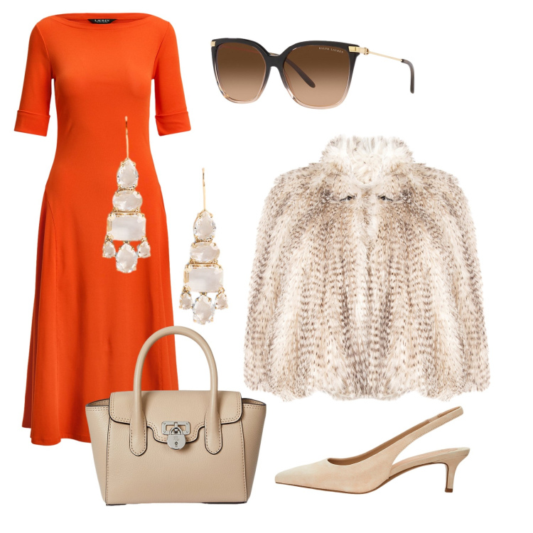 Outfit donna - Arancio e beige. Stile Chic per Cerimonia. Abbinamento con ecopellicce, occhiali da sole, décolleté, borse a mano, orecchini, vestiti.