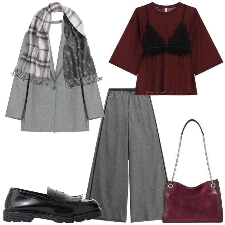 Outfit donna - Total look #2262871. Stile Casual per Tutti i giorni. Abbinamento con pantaloni, t-shirt, blazer, mocassini, borse tote, sciarpe.
