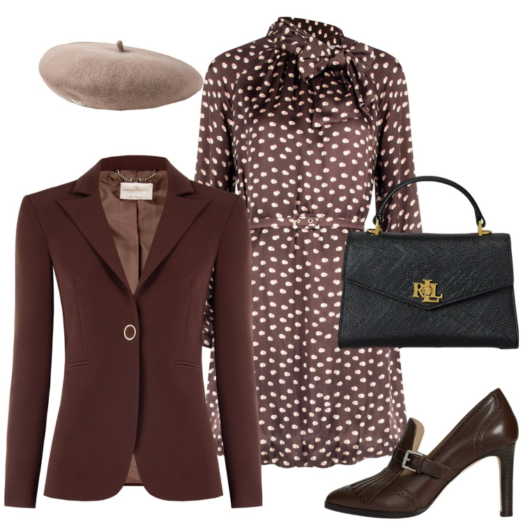 Outfit donna - Total look #2262875. Stile Vintage retrò per Ufficio. Abbinamento con blazer, vestiti chemisier, décolleté, borse a mano, berretti.