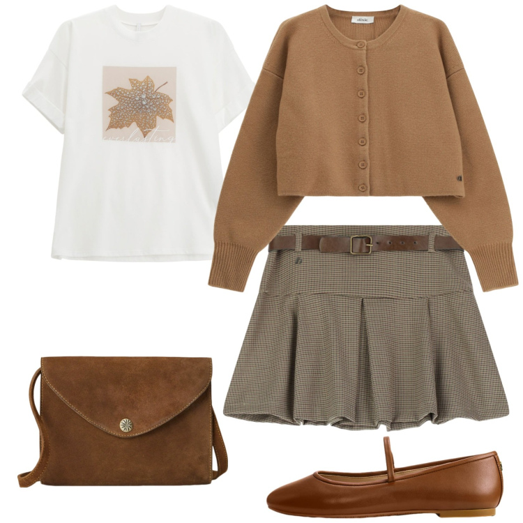 Outfit donna - Total look #2262877. Stile Bon Ton per Tutti i giorni. Abbinamento con minigonne, cardigans, t-shirt, borse a tracolla, ballerine.