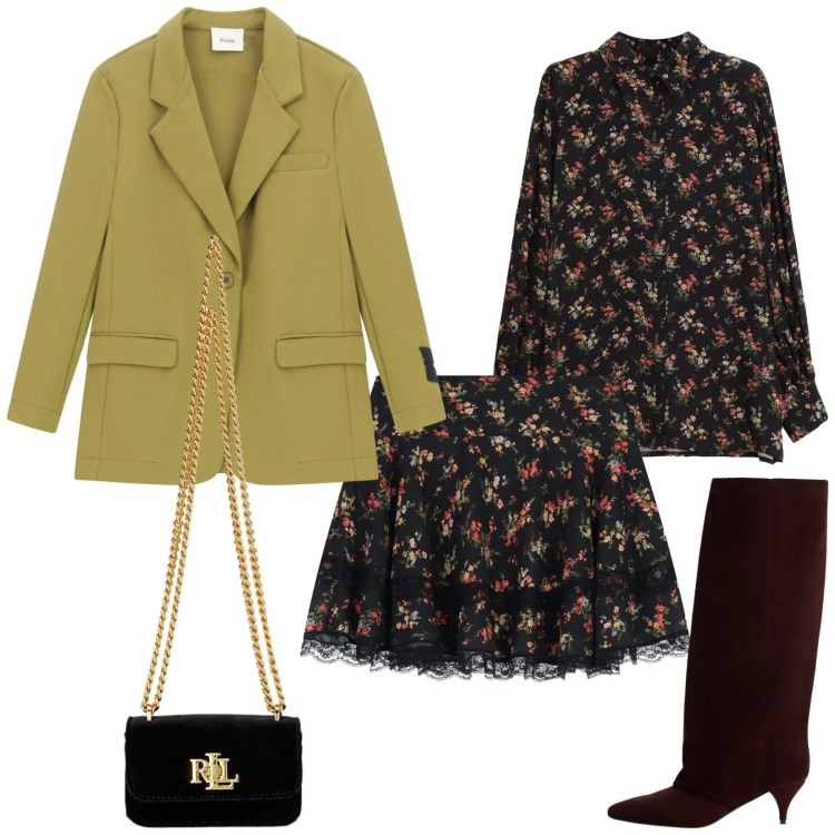 Outfit donna - Total look #2262881. Stile Chic per Serata fuori. Abbinamento con minigonne, camicie, blazer, stivali, pochette.
