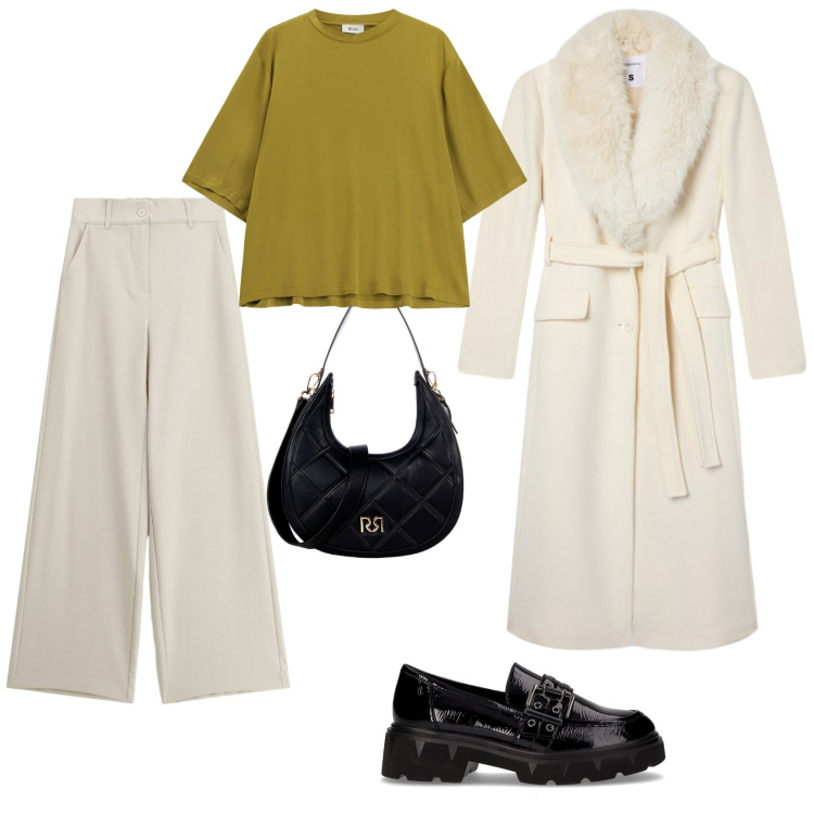 Outfit donna - Inverno. Stile Casual chic per Tutti i giorni. Abbinamento con cappotti, top, borse a tracolla, pantaloni a palazzo, mocassini.