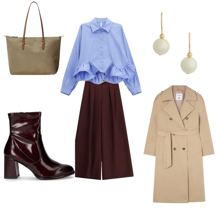 Outfit donna - Outfit da ufficio. Stile Casual per Ufficio. Abbinamento con trench, pantaloni a palazzo, camicie, borse tote, orecchini, stivaletti.