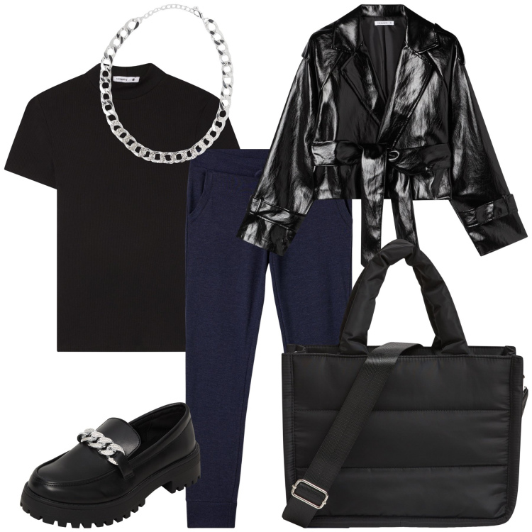 Outfit donna - Sunday Terranova. Stile Basic per Tutti i giorni. Abbinamento con mocassini, shopping bag, collane, pantaloni, t-shirt, giacche.