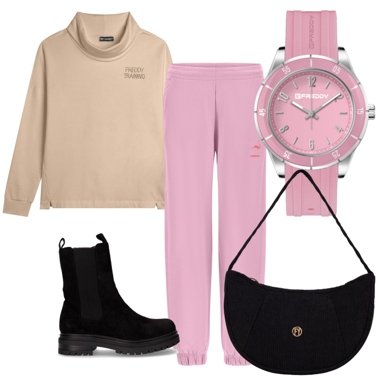 Outfit donna - Too like Freddy hours. Stile Basic per Tutti i giorni. Abbinamento con pantaloni, orologi, felpe, borse a mano, stivaletti chelsea.