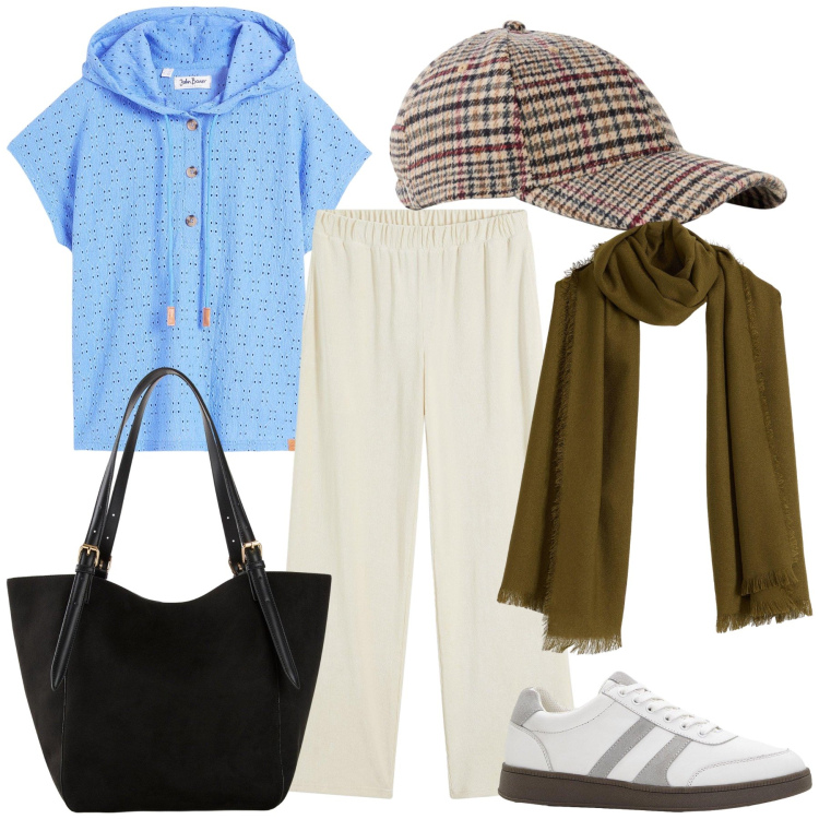 Outfit donna - Decisamente Bonprix. Stile Casual per Tutti i giorni. Abbinamento con maglieria, sneakers, cappelli con visiera, sciarpe, shopping bag, pantaloni.