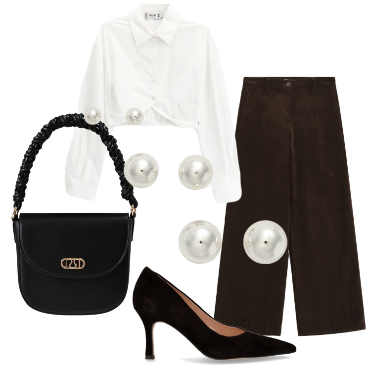 Outfit donna - Perle Please. Stile Bon Ton per Ufficio. Abbinamento con borse a mano, pantaloni, camicie, orecchini, décolleté.