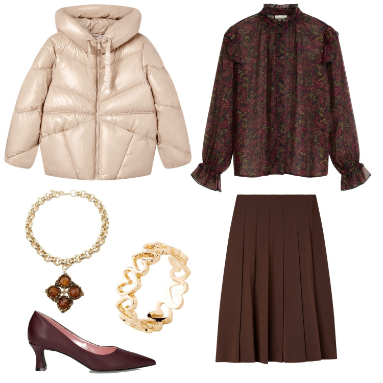 Outfit donna - Morbido e dolce. Stile Romantica per Serata fuori. Abbinamento con camicie, anelli, gonne lunghe, giacche, collane, décolleté.