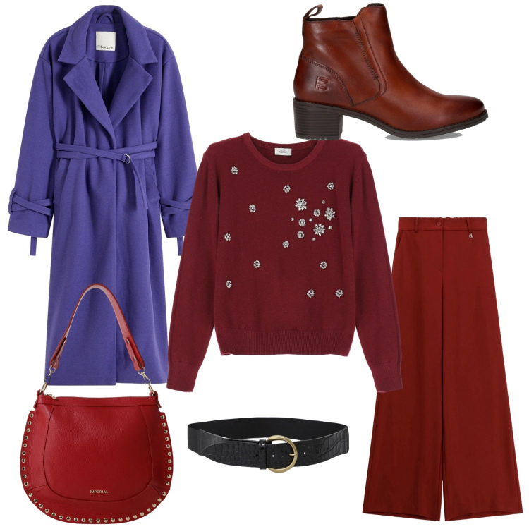 Outfit donna - Viola e rosso. Stile Casual chic per Ufficio. Abbinamento con cappotti, borse a spalla, pantaloni a palazzo, cinture, maglieria, stivaletti.