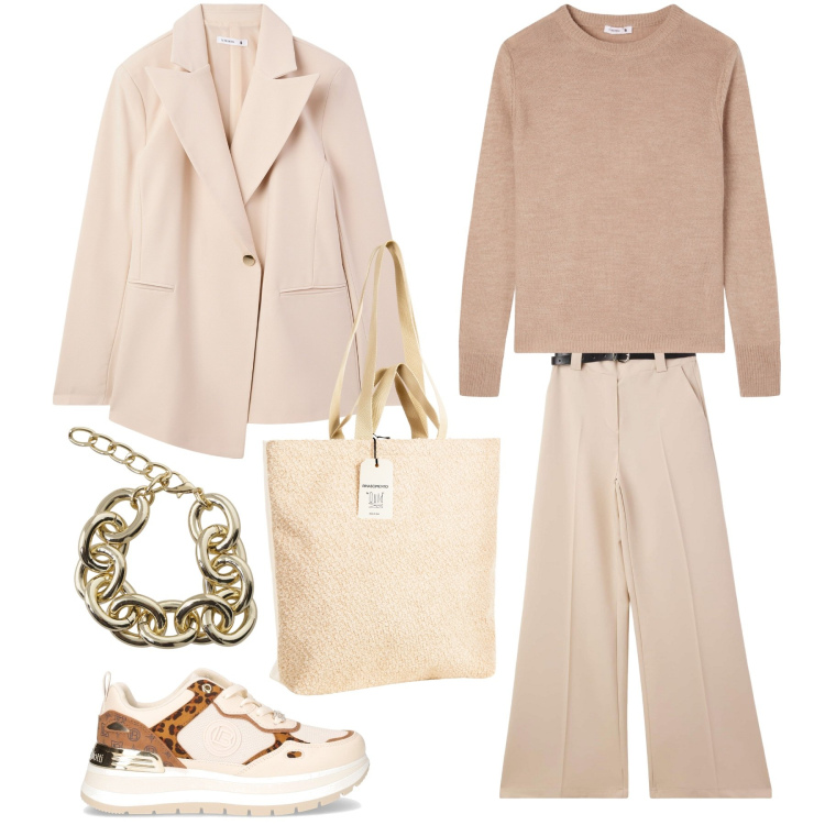 Outfit donna - Colori chiari. Stile Minimal per Tutti i giorni. Abbinamento con blazer, pantaloni, maglieria, borse tote, portafogli, sneakers.
