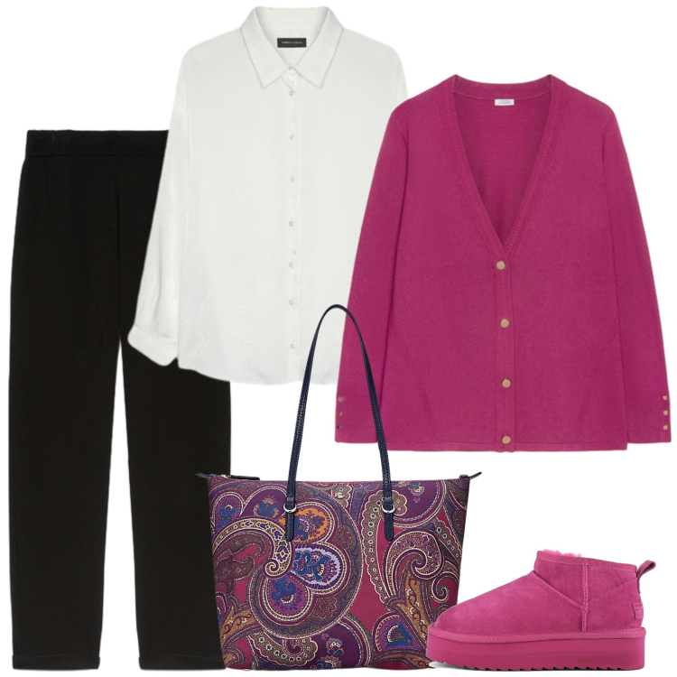 Outfit donna - Un po\' di fucsia. Stile Casual per Tutti i giorni. Abbinamento con borse tote, cardigans, pantaloni, stivaletti, camicie.