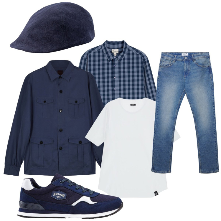 Outfit uomo - Con la coppola blu. Stile Casual per Tutti i giorni. Abbinamento con sneakers, camicie, jeans dritti, t-shirt, cappotti, cappelli con visiera.