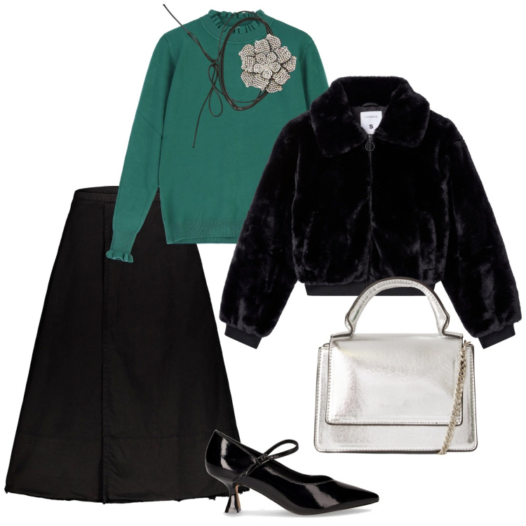 Outfit donna - Di sera. per Serata fuori. Abbinamento con collane, borse a tracolla, ecopellicce, maglieria, gonne lunghe, décolleté.