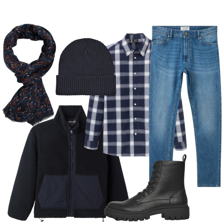 Outfit uomo - Domenica mattina passeggiata in campagna. Stile Casual per Tutti i giorni. Abbinamento con camicie, jeans skinny, anfibi, berretti, giacche, sciarpe.