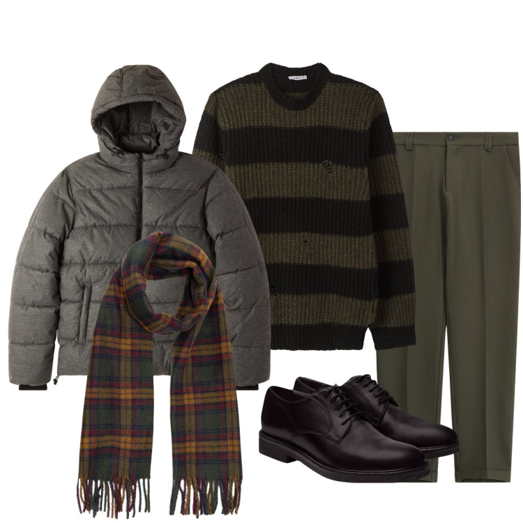Outfit uomo - Verde oliva. Stile Urban per Tutti i giorni. Abbinamento con bomber, maglieria, pantaloni chino, scarpe stringate, sciarpe.