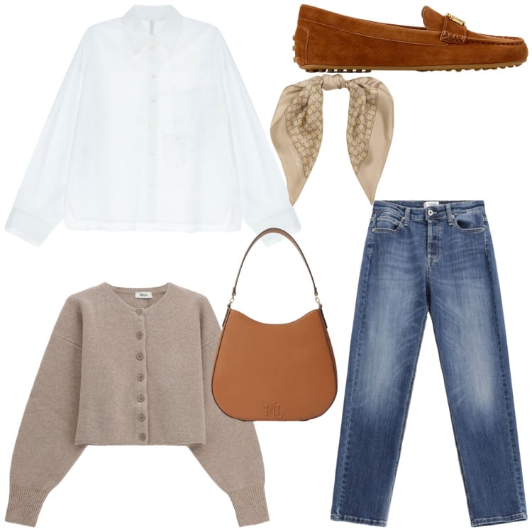 Outfit donna - Sporty chic. Stile Sporty chic per Tutti i giorni. Abbinamento con jeans, camicie, cardigans, borse a spalla, mocassini, foulard.