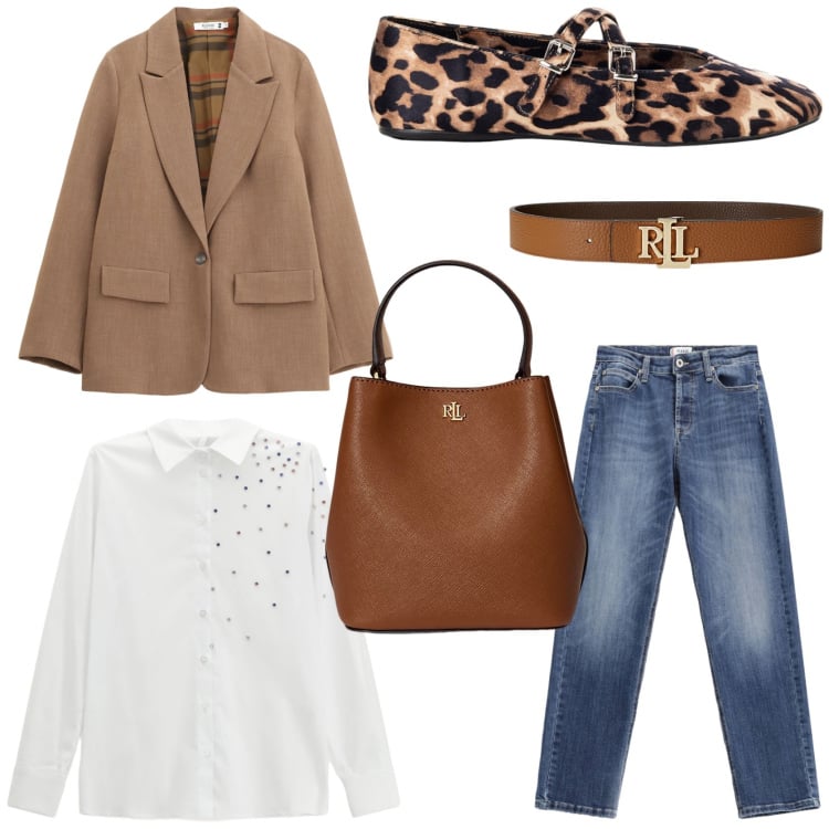 Outfit donna - Outfit inspo. Stile Casual chic per Tutti i giorni. Abbinamento con jeans, blazer, ballerine, camicie, borse a secchiello, cinture.