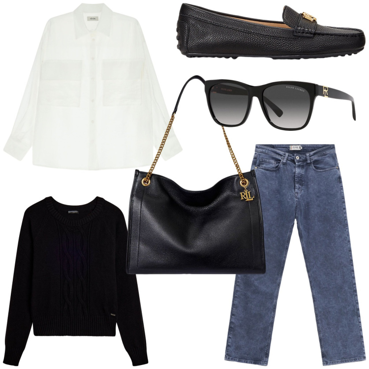 Outfit donna - Autumn workwear. Stile Casual chic per Ufficio. Abbinamento con jeans dritti, maglieria, camicie, occhiali da sole, mocassini, borse tote.