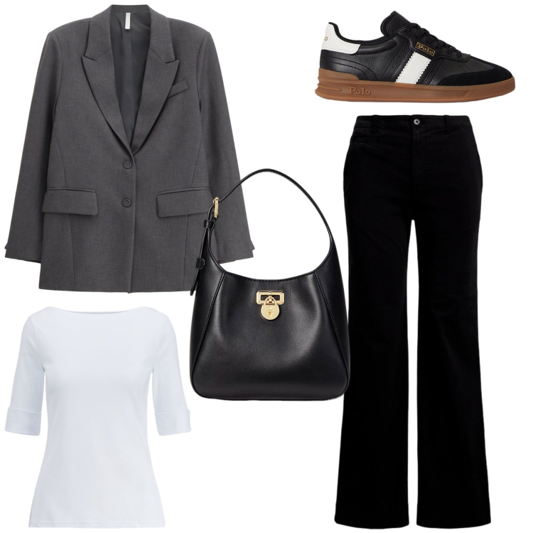 Outfit donna - Workwear inspiration. Stile Casual chic per Ufficio. Abbinamento con blazer, t-shirt, borse a tracolla, sneakers, pantaloni.