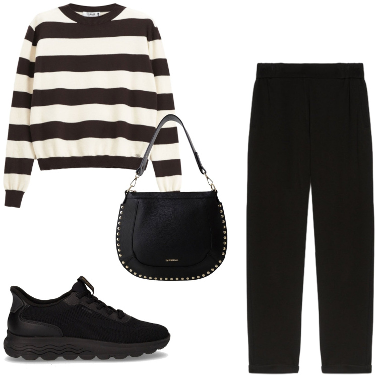 Outfit donna - Street style. Stile Urban per Tutti i giorni. Abbinamento con pullovers, borse a spalla, pantaloni, sneakers.