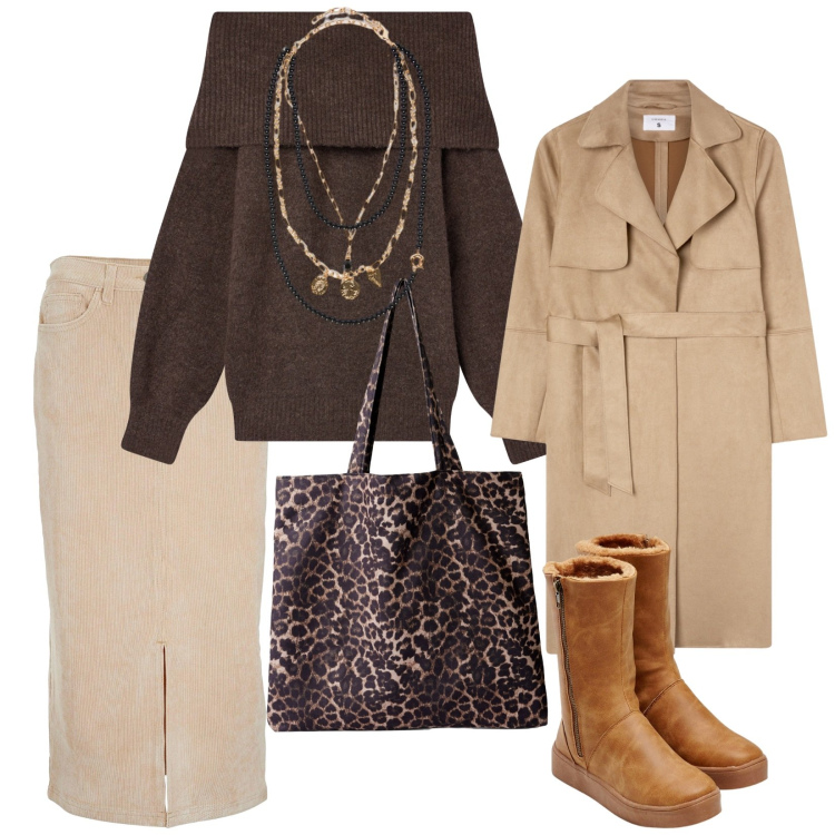 Outfit donna - Una giornata fredda. per Tutti i giorni. Abbinamento con gonne longuette, stivali, maglieria, shopping bag, trench, collane.