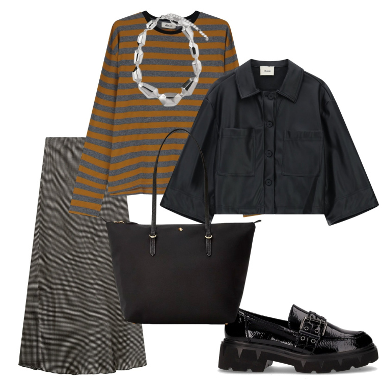 Outfit donna - A lavoro. per Ufficio. Abbinamento con blazer, gonne lunghe, t-shirt, borse tote, mocassini, ciondoli.