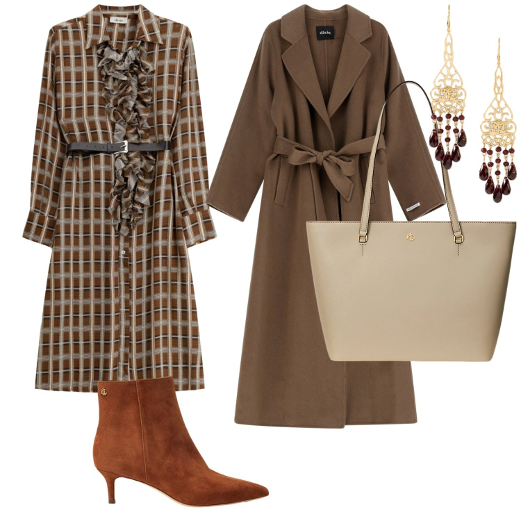 Outfit donna - Una giornata impegnativa. per Tutti i giorni. Abbinamento con cappotti, vestiti midi/longuette, borse tote, stivaletti, orecchini.