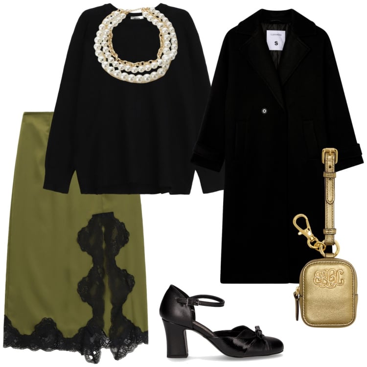 Outfit donna - Si va a teatro. per Serata fuori. Abbinamento con cappotti, gonne longuette, collane, pullovers, pochette, décolleté.