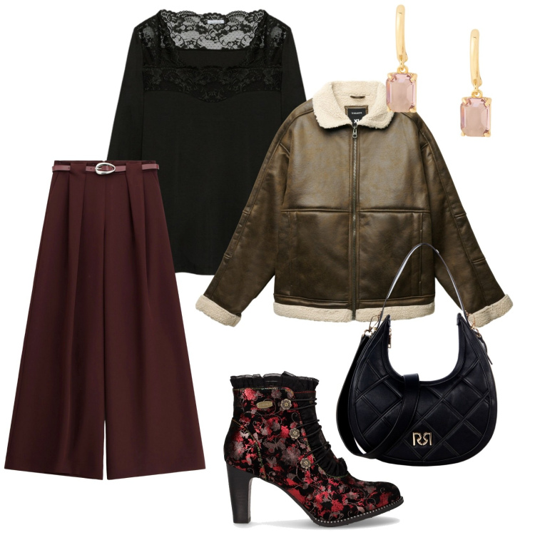 Outfit donna - Stivaletti romantici. per Tutti i giorni. Abbinamento con giacche, borse a tracolla, pantaloni a palazzo, orecchini, stivaletti, bluse.