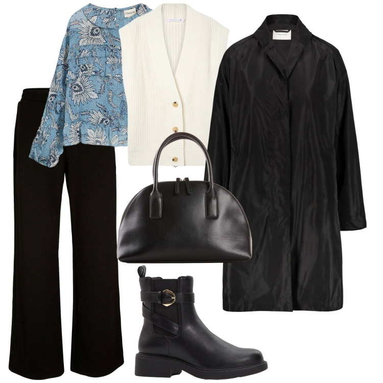 Outfit donna - Urban. per Tutti i giorni. Abbinamento con bluse, pantaloni a palazzo, shopping bag, stivaletti chelsea, gilet, trench.