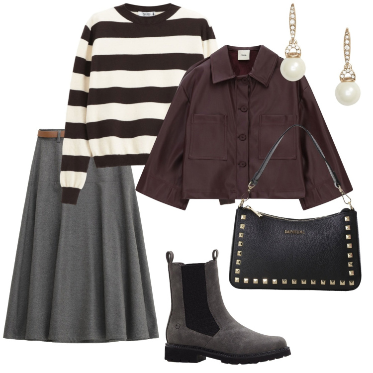 Outfit donna - Apposto così. per Scuola/Università. Abbinamento con stivaletti chelsea, gonne lunghe, pullovers, pochette, blazer, orecchini.