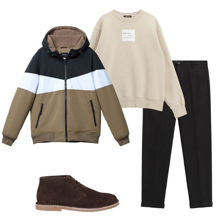 Outfit uomo - Total look #2262928. Stile Casual per Tutti i giorni. Abbinamento con piumini, pantaloni, felpe, stivali e stivaletti.