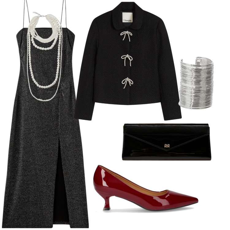 Outfit donna - Festa. per Serata fuori. Abbinamento con blazer, vestiti lunghi, pochette, braccialetti, collane, décolleté.