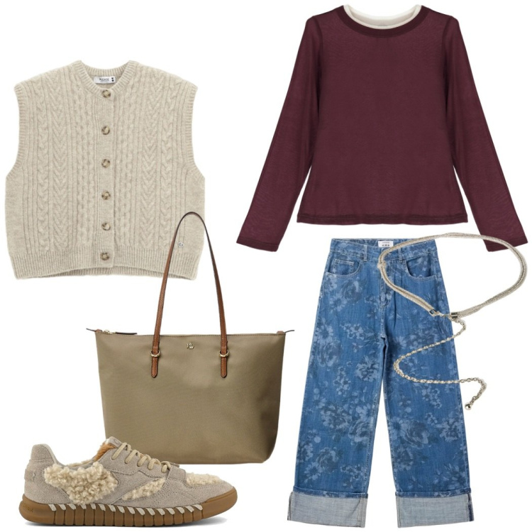 Outfit donna - Shopping in centro. Stile Casual per Tutti i giorni. Abbinamento con jeans dritti, gilet, t-shirt, borse tote, sneakers, cinture.
