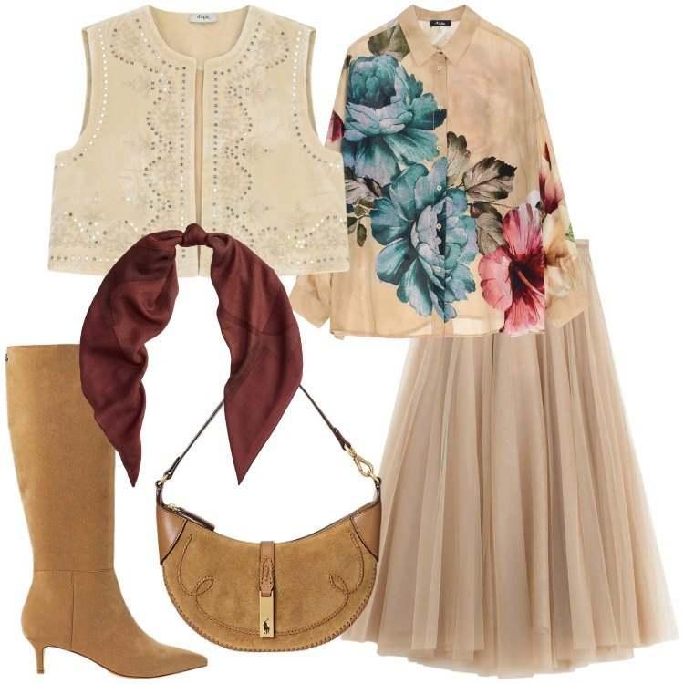 Outfit donna - Sogno boho chic. Stile Boho per Serata fuori. Abbinamento con camicie, gilet, gonne lunghe, borse a spalla, stivali, sciarpe.
