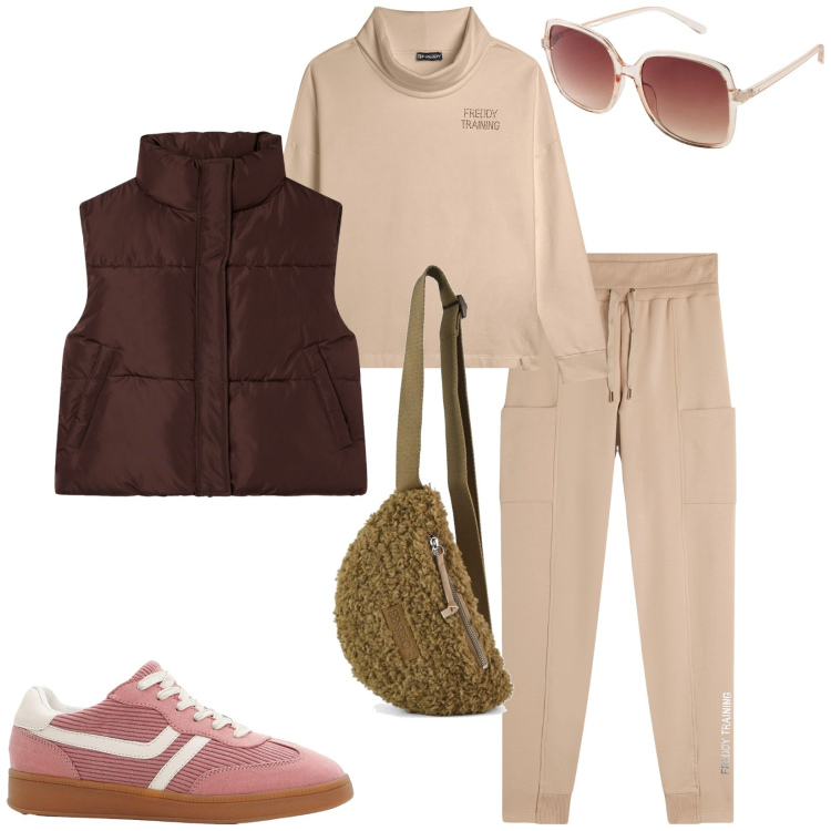 Outfit donna - Total look #2262947. Stile Casual per Sport. Abbinamento con sneakers, occhiali da sole, piumini, pantaloni, felpe, marsupi.