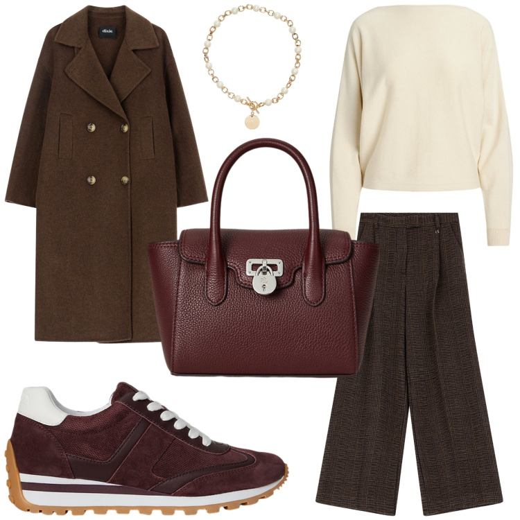 Outfit donna - Brownie in ufficio. Stile Casual chic per Ufficio. Abbinamento con pantaloni a palazzo, cappotti, collane, maglieria, sneakers, borse a mano.