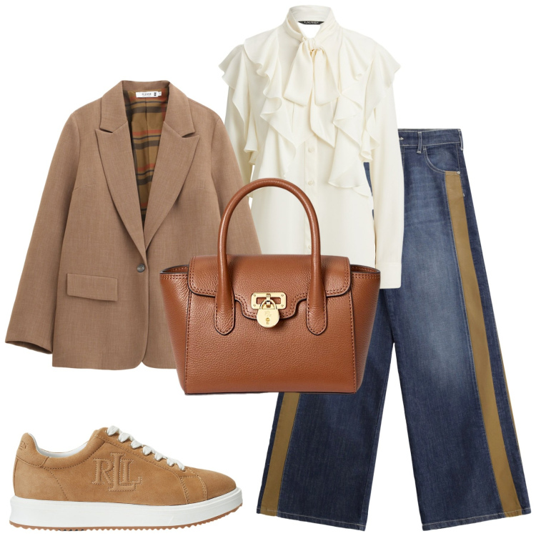 Outfit donna - La domenica. Stile Casual per Tutti i giorni. Abbinamento con jeans a zampa, blazer, borse a mano, camicie, sneakers.