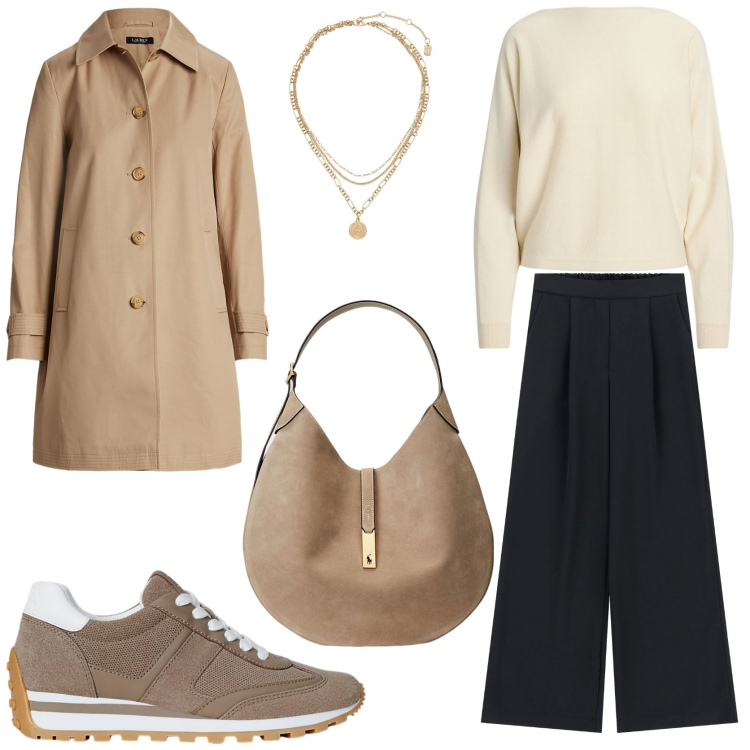 Outfit donna - Urban. Stile Urban per Tutti i giorni. Abbinamento con pantaloni a palazzo, ciondoli, borse a spalla, maglieria, sneakers, trench.