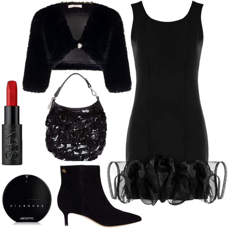 Outfit donna - Vestito corto cerimonia e serate fuori. Stile Sexy per Serata fuori. Abbinamento con profumi, rossetti, vestiti a tubino, bolero, stivaletti, pochette.
