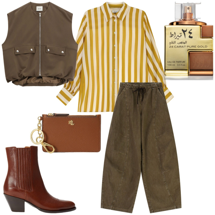 Outfit donna - Total look #2262964. Stile Casual per Tutti i giorni. Abbinamento con profumi, pantaloni a palazzo, gilet, camicie, stivaletti texani, portafogli.