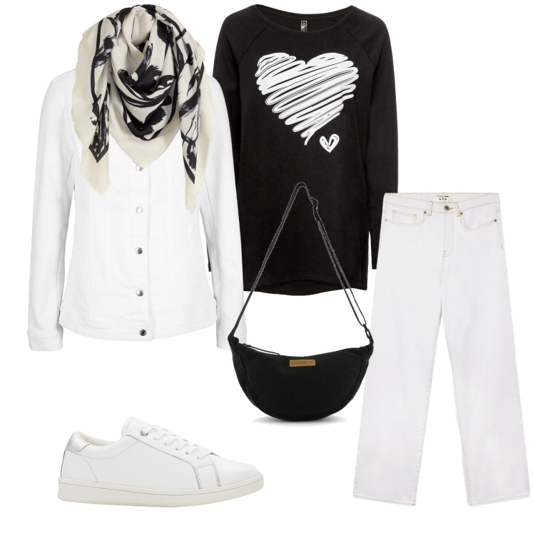 Outfit donna - Total look #2262968. Stile Casual per Tutti i giorni. Abbinamento con maglieria, sneakers, blazer, foulard, jeans dritti, borse a tracolla.