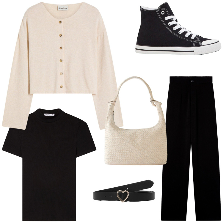 Outfit donna - Urban. Stile Urban per Tutti i giorni. Abbinamento con sneakers alte, shopping bag, cardigans, cinture, pantaloni, t-shirt.