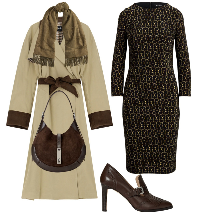 Outfit donna - Total look #2262974. Stile Bon Ton per Ufficio. Abbinamento con trench, vestiti a tubino, borse a spalla, décolleté, sciarpe.