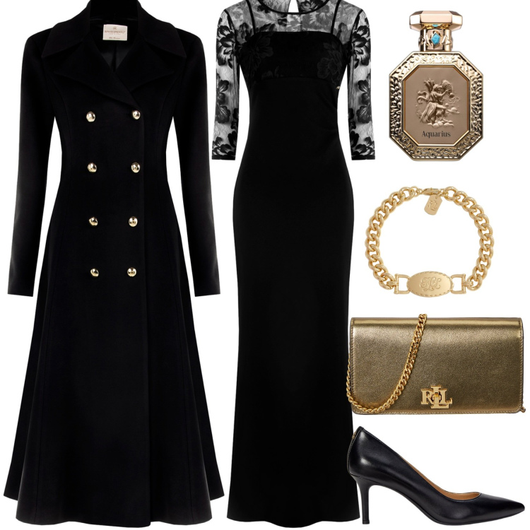 Outfit donna - Sinuoso e regale outfit eventi speciali. Stile Chic per Serata fuori. Abbinamento con profumi, vestiti lunghi, cappotti, braccialetti, décolleté, borse a mano.