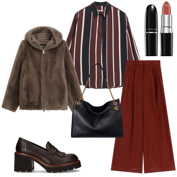 Outfit donna - Total look #2262978. Stile Casual per Tutti i giorni. Abbinamento con rossetti, camicie, pantaloni a palazzo, pantaloni, borse tote, décolleté.